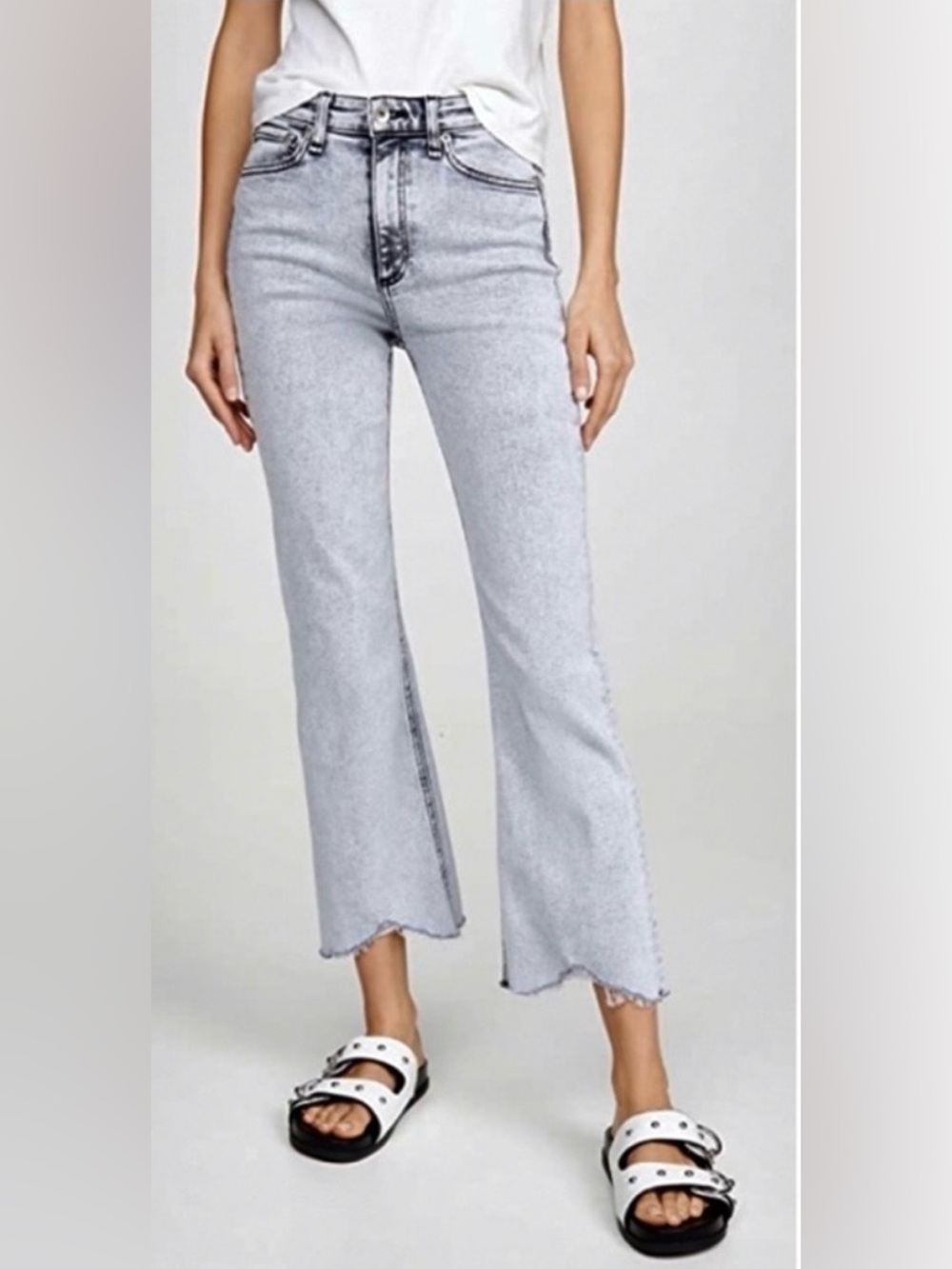 Rag & Bone Nina High Rise Ankle Flare Jeans Marble White Frayed Hem Size 24